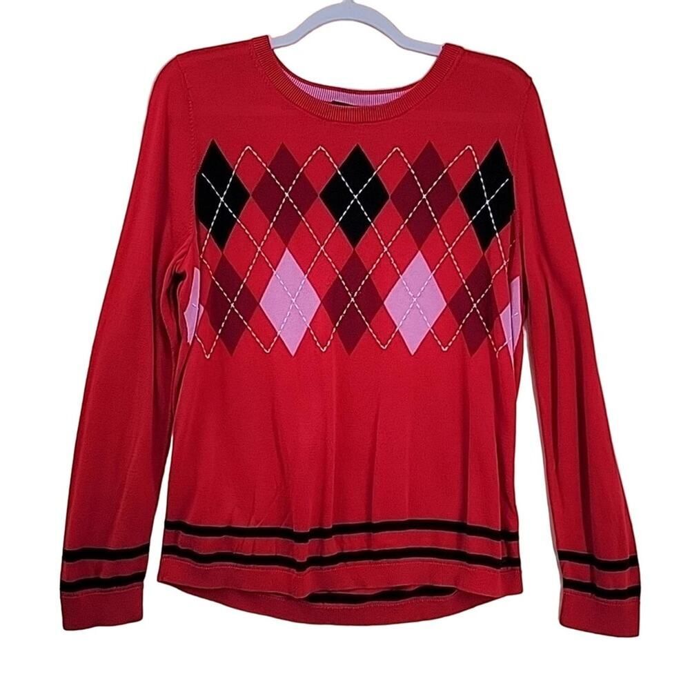 Talbots Red Black Argyle Scoop Neck Sweater